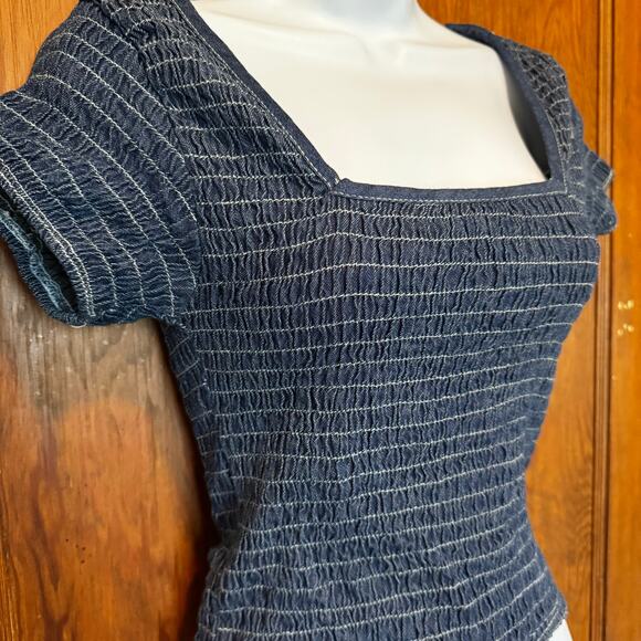 Vintage Deranged Smocked Stretch Denim Top Women's M Y2K 90s Baby Babydoll - Picture 2 of 5